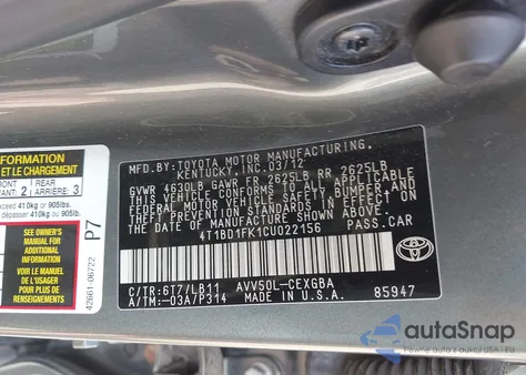 2012 Toyota Camry Hybrid Xle из США, поврежденный, VIN 4T1BD1FK1CU022156